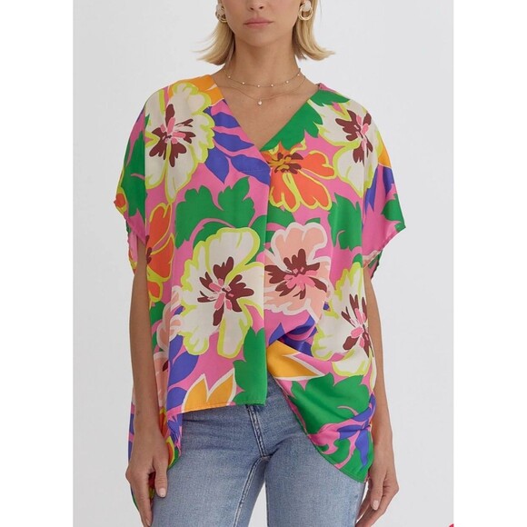 Entro Women’s Blouse  Oversized Colorful V-neck Size Medium Summer Casual - Picture 1 of 13